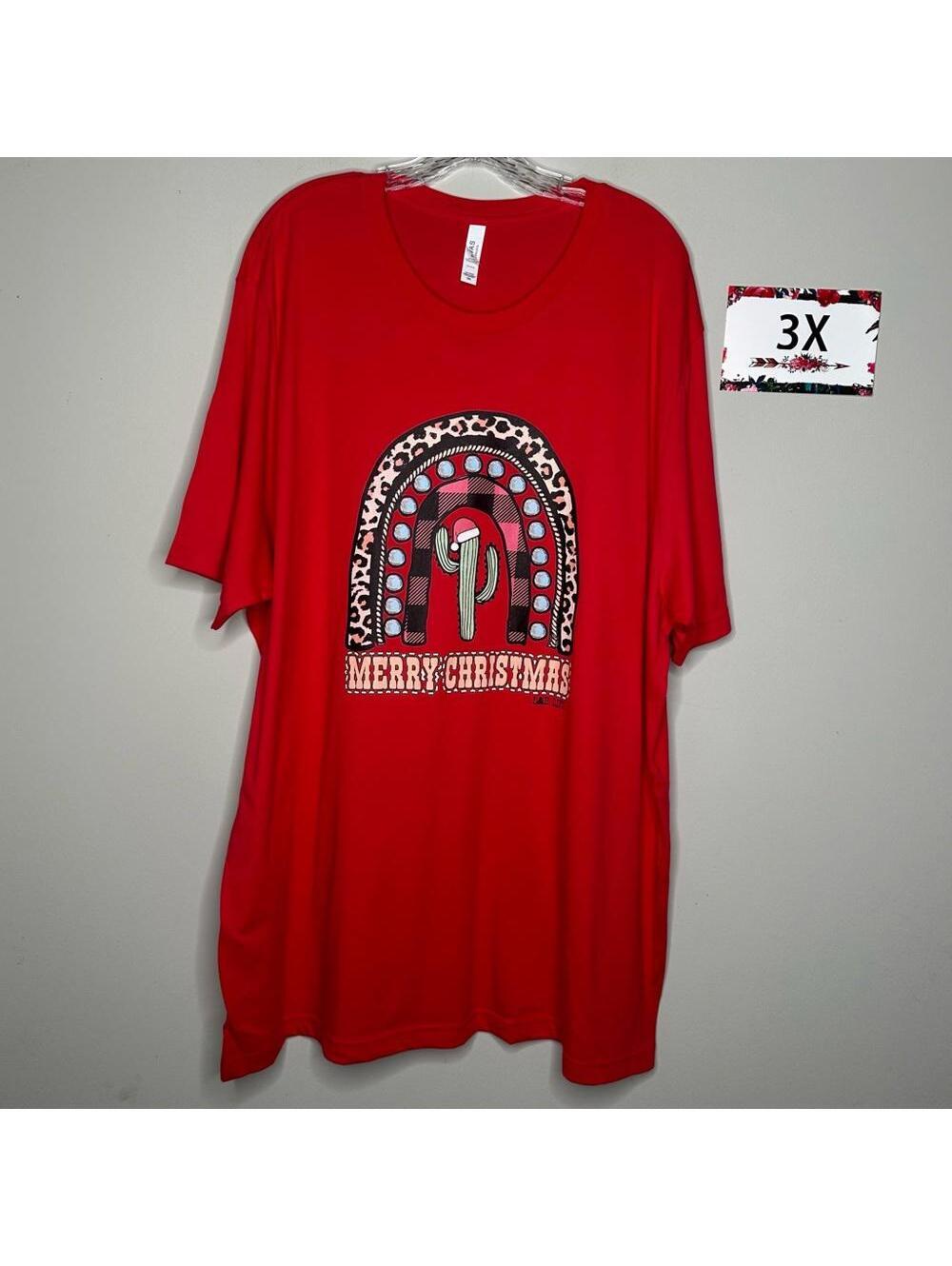 L&B Life 3X Merry Christmas Red Rainbow Cactus tee shirt